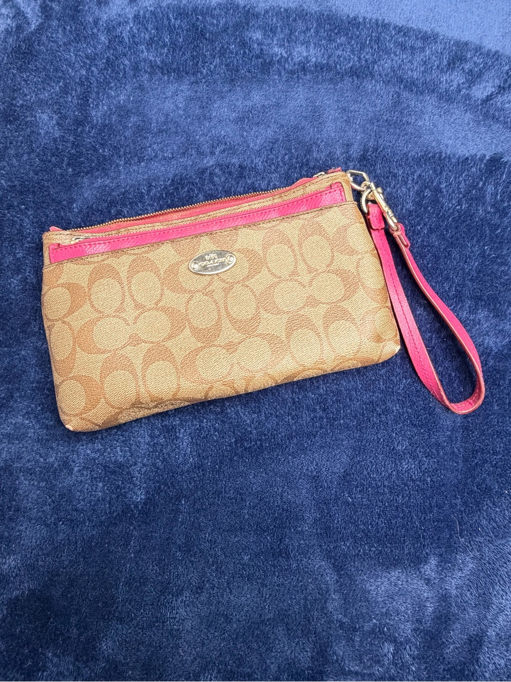 Coach Brown Signature Canvas Wristlet with Pink Trim